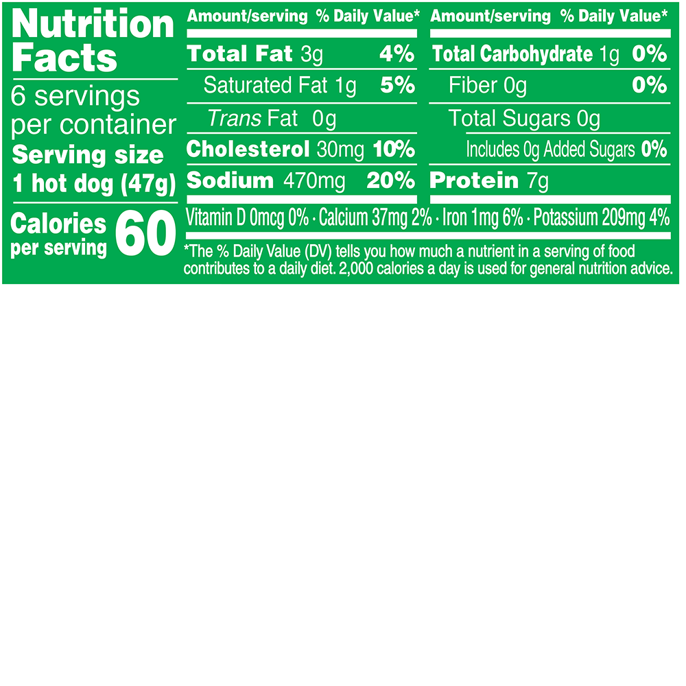 Organic Turkey Hot Dog 10oz Nutrition Fact Panel