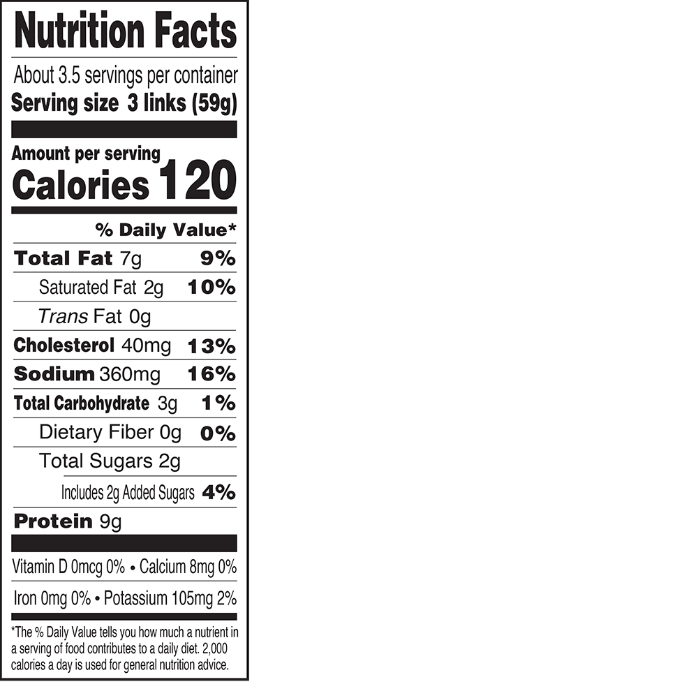 Natural Chicken Apple Breakfast Sausage Link Nutrition Fact Panel